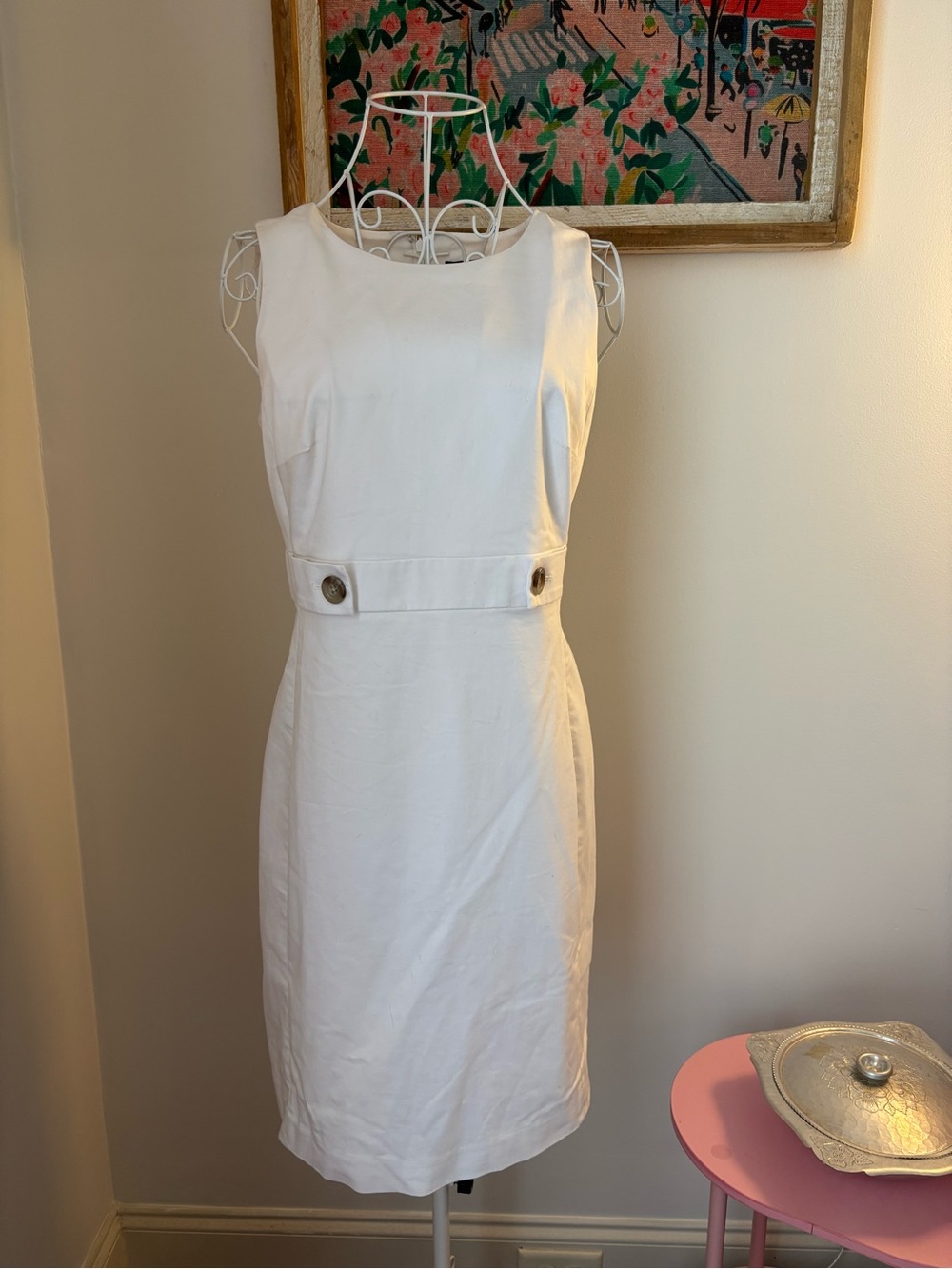 Ann Taylor White Sleeveless Sheath Dress with Waist Button Detail